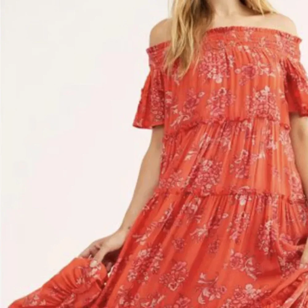 Free People Barclay Dress Maxi Off The Shoulder Floral Ruffle Orange Red